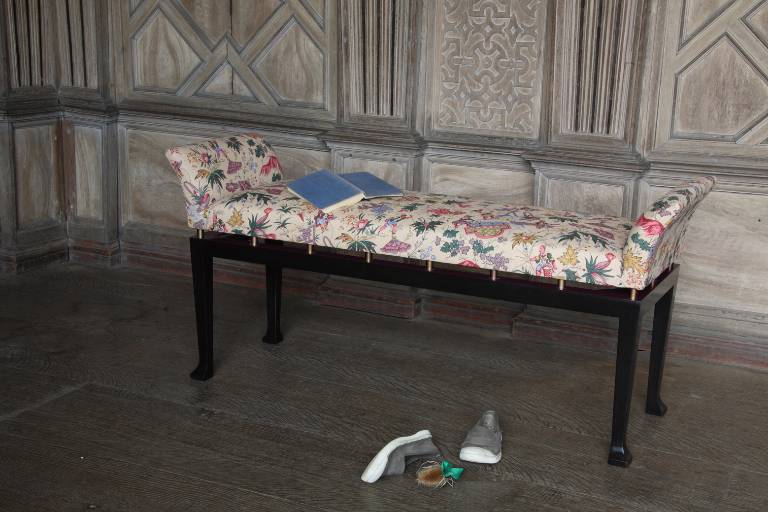Lacquered timber bench with brass detailing and traditional upholstery, 2008